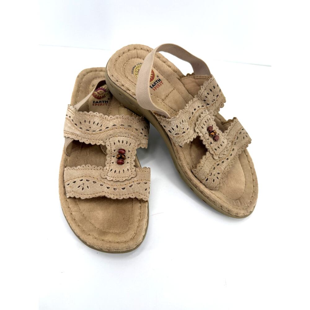 Earth Spirit Suede Sandals Tan Comfort Walking Boho Beaded Slingback Womens 6.5